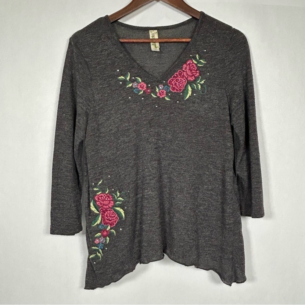 Endless Designs Gray Embellished Long Sleeve Top Floral Accents Size M